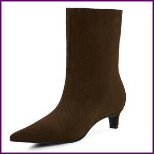 Faux Suede Ankle Boots Low Kitten Heel Pointed Toe Slip On